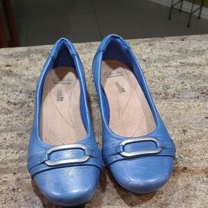 Clarks Blanche Rosa Light Blue Leather Silver Buckle Slip On Shoes Size US 6